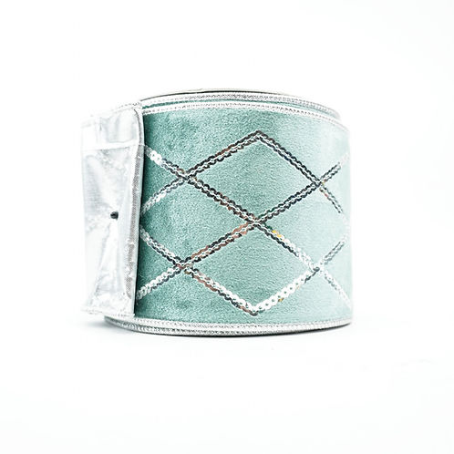 RIBBON DIAMOND SEQUIN 4X10YDS CELADON GREEN AND SILVER