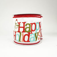 RIBBON 4X10YDS WHITE WITH HAPPY HOLIDAYS