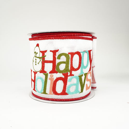 RIBBON 4X10YDS WHITE WITH HAPPY HOLIDAYS