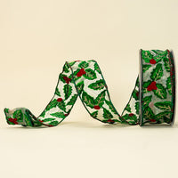 RIBBON EMBROIDERED HOLLY LEAVES GREEN AND RED ( 2 SIZES )