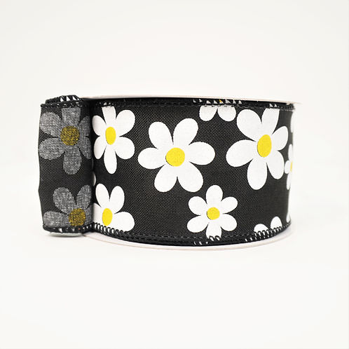RIBBON 2.5X10YDS DAISY FLOWER BLACK WHITE