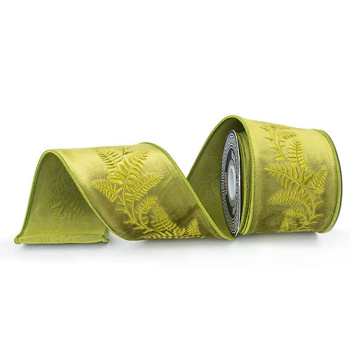 RIBBON 4" X 10YDS VELVET FERN EMB MOSS