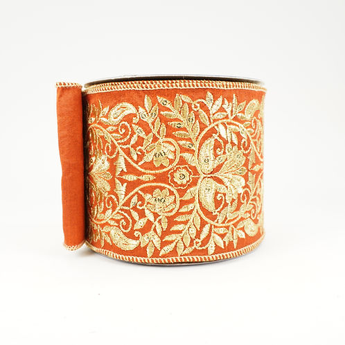 RIBBON 4X10YDS RUST WITH GOLD EMBROIDERY
