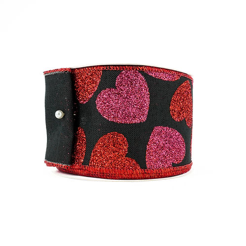 RIBBON 2.5" X 10YDS GIANT FONTS GLITTER HEART BLACK