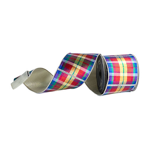 RIBBON 4" X 10YDS AMAZING PLAID PLATINUM AND MULTICOLOR