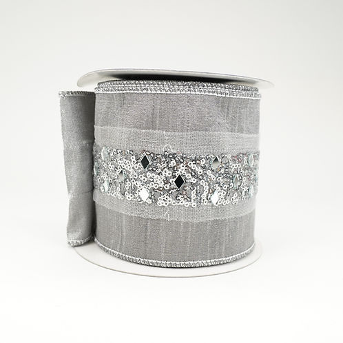 RIBBON 4X5YDS SILVER GRAY WITH MIRRORS