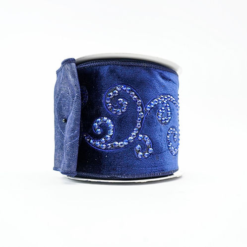 RIBBON 4X5YDS VELVET JEWEL SCROLL NAVY