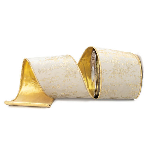 RIBBON 4" X 10YDS FOILED VELVET IVORY AND GOLD