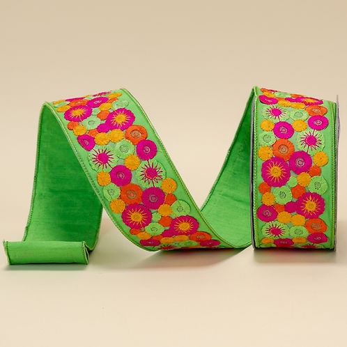 RIBBON 3" X 10YDS MOD FLOWER TRIM PINK AND LIME