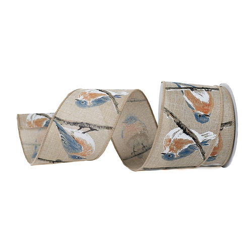 RIBBON 2.5" X 10YDS CHUBBY BIRDS BLUE , ORANGE AND NATURAL