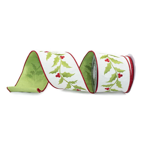 RIBBON 4" X 10YDS DUPION HOLLY WHITE AND RED
