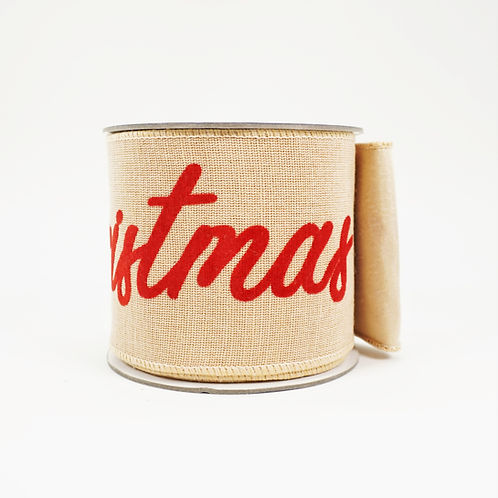 RIBBON LINEN MERRY CHRISTMAS 4X10YDS RED AND NATURAL
