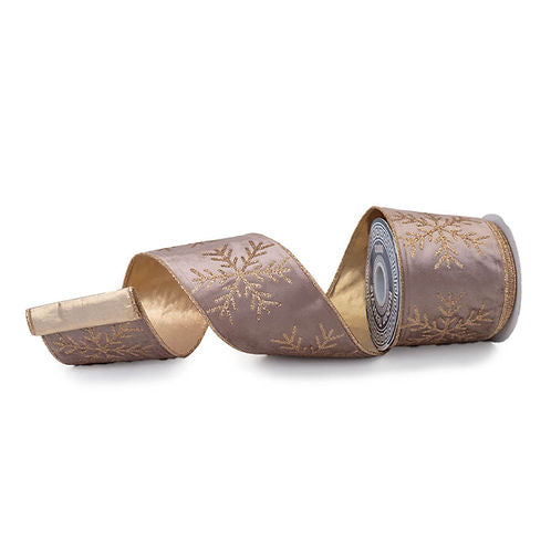 RIBBON 4" X 10YDS VELVET SNOWFLAKE ROSE AND GOLD