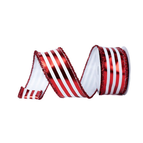 RIBBON 2.5" X 10YDS METALLIC VERTICAL STRIPES TINSEL RED AND WHITE