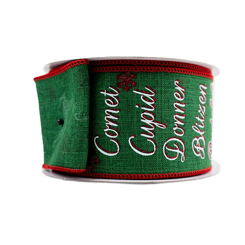 RIBBON 2.5X10YDS REINDEER NAMES DASHER RUDOLPH GREEN AND RED