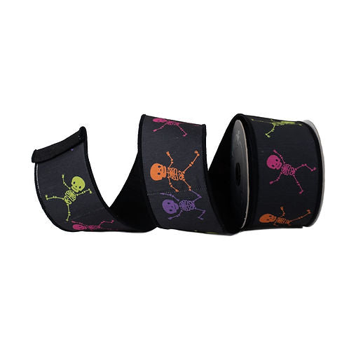 RIBBON 3" X 10YDS DANCING SKELETONS MULTICOLOR