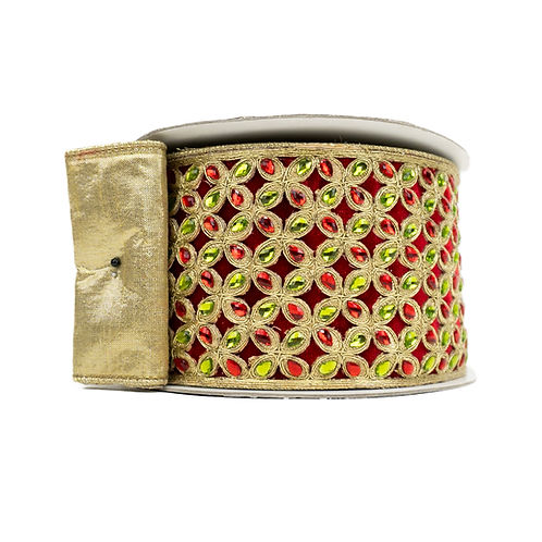 RIBBON 4" X 5YDS CHRISTMAS FLOWERS RED AND GREEN