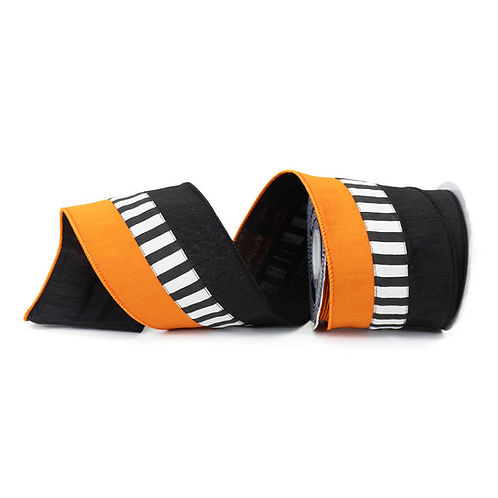 RIBBON 4" X 10YDS DUPION STRIPE BLACK AND ORANGE