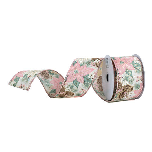 RIBBON 2.5" X 10YDS POINSETTIA FOLIAGE WITH PINECONES CREAM AND PINK