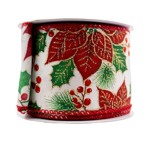 RIBBON 2.5X10YDS POINSETTIA HOLLY