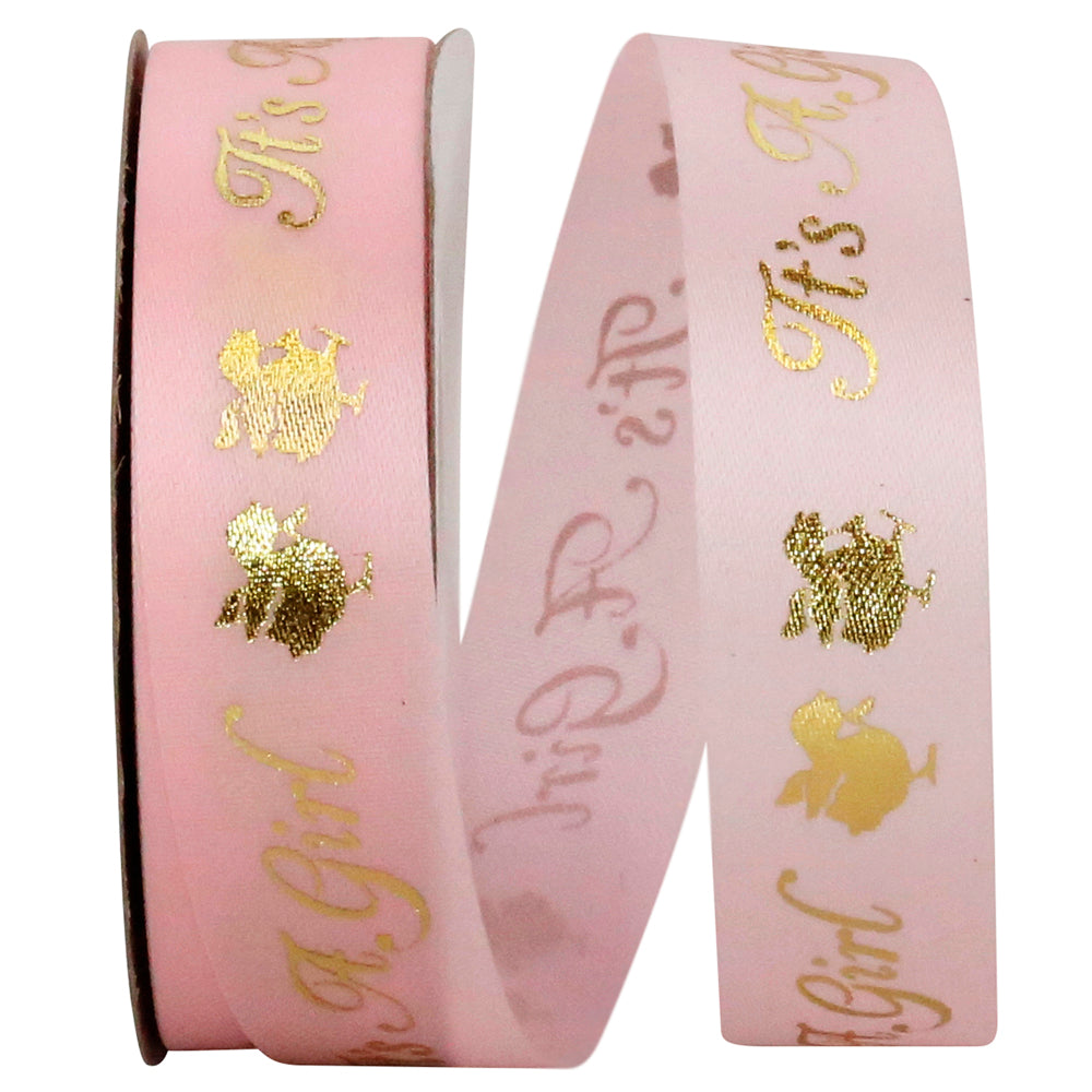 Pink Gold 7 8 Inch Its A Girl Satin Cooler Ribbon for Wreaths & Bows