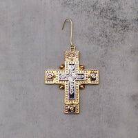 Two-Tone Metal Cross Ornament with Gold Silver Ribbon