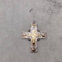 Two-Tone Metal Cross Ornament with Silver Gold Ribbon