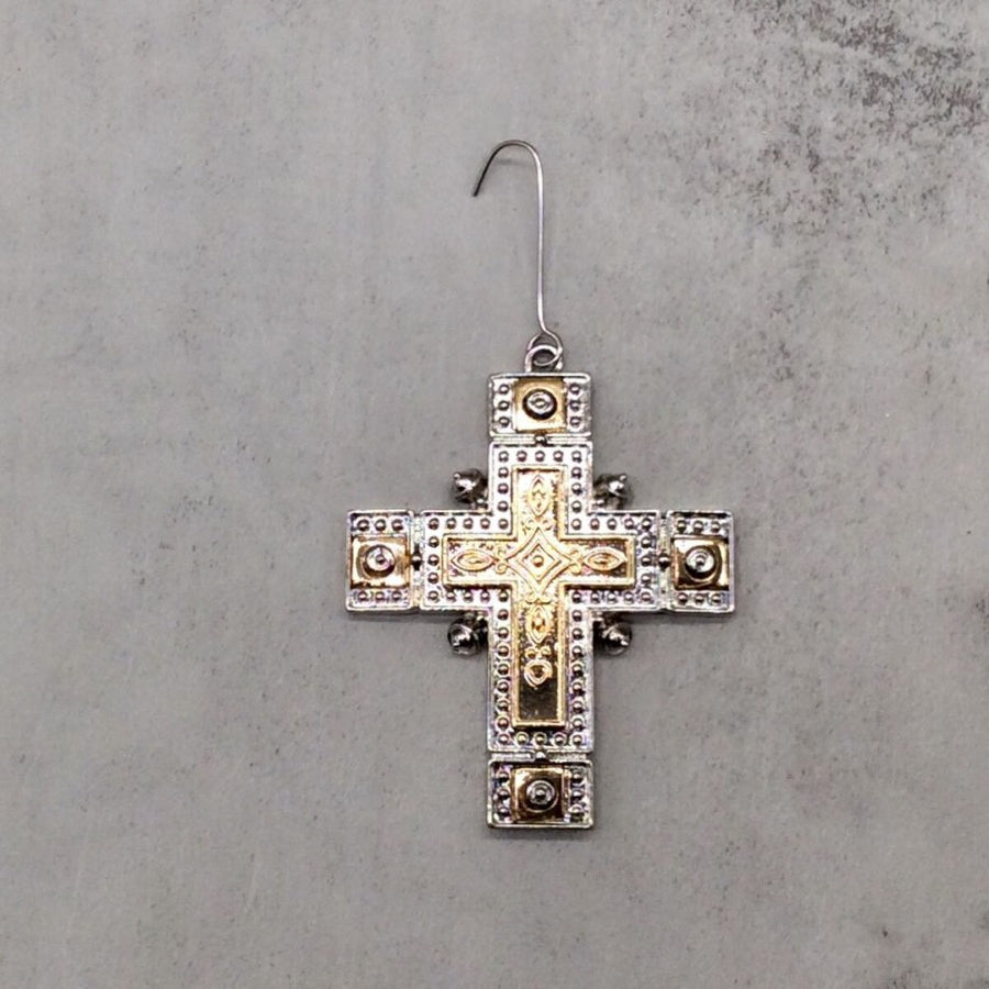 Two-Tone Metal Cross Ornament with Silver Gold Ribbon