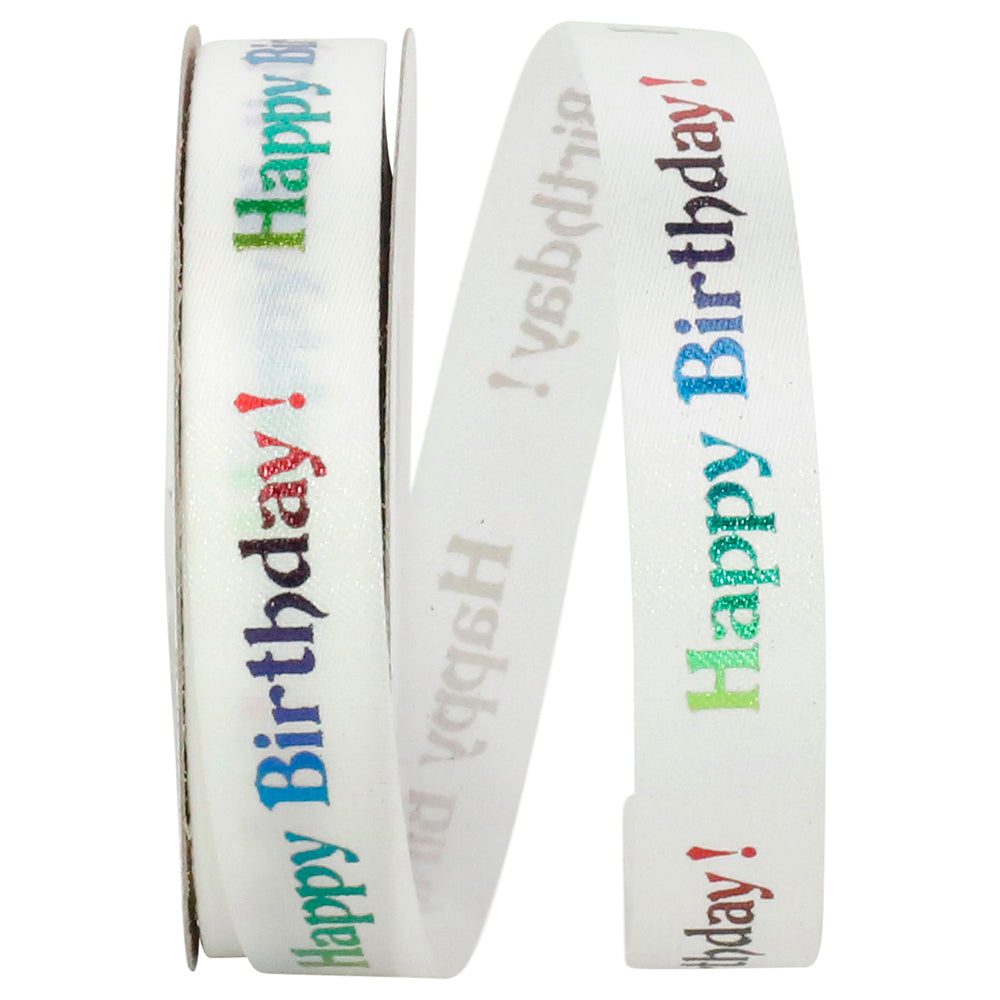 White 5 8 Inch Happy Birthday Satin Holographic Ribbon for Wreaths & Bows