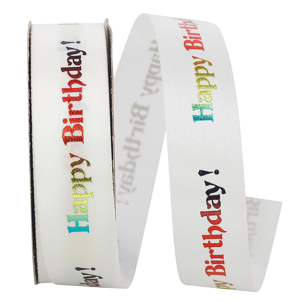 White 7 8 Inch Happy Birthday Satin Holographic Ribbon for Wreaths & Bows