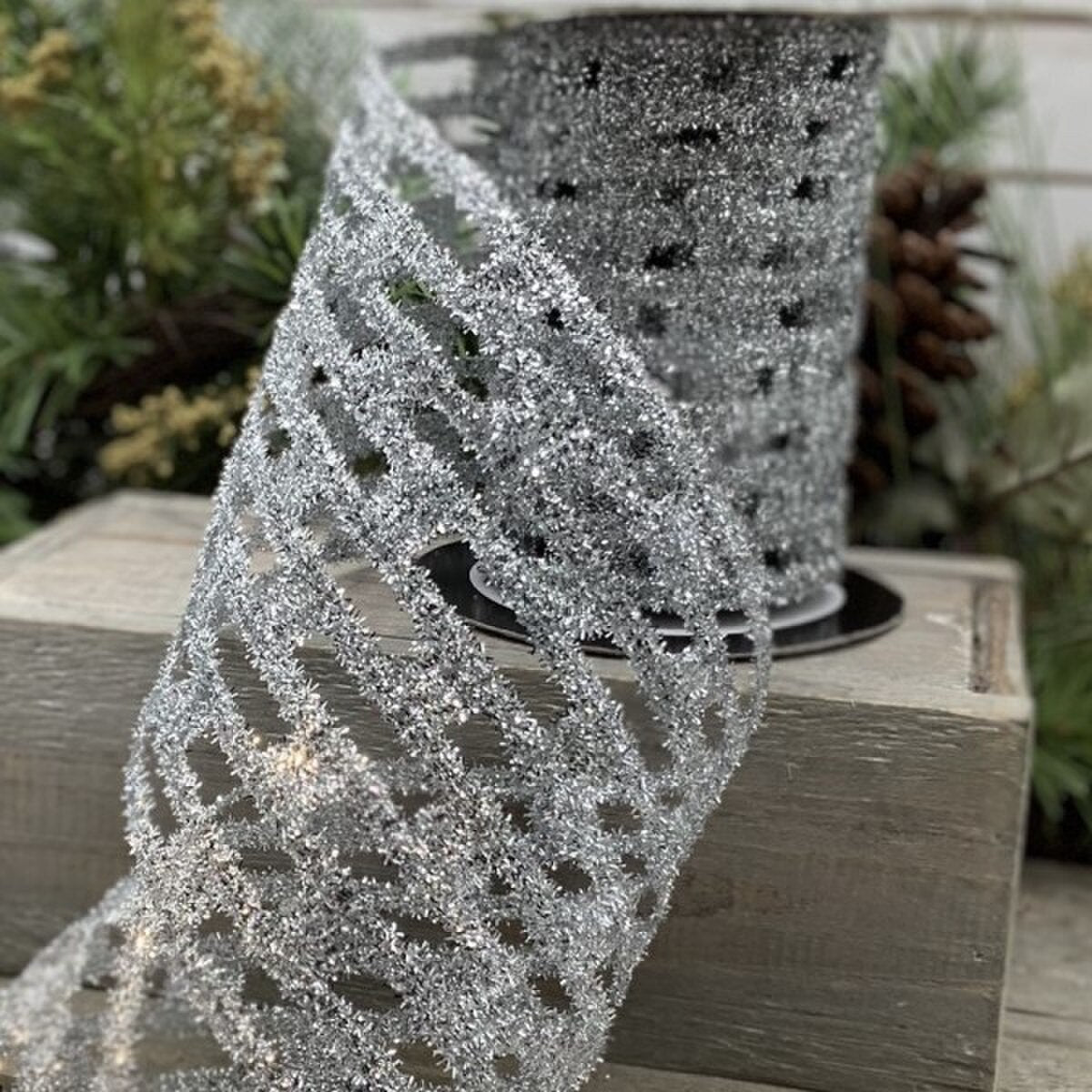 Silver Tinsel Link Stretch Ribbon 5.25" x 10 Yds