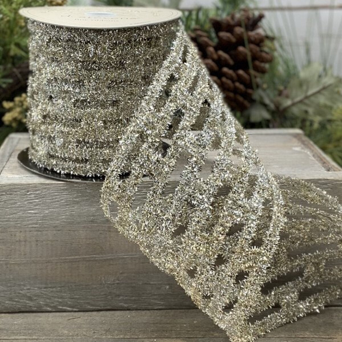 Platinum Tinsel Link Stretch Ribbon 4 In x 10 Yds