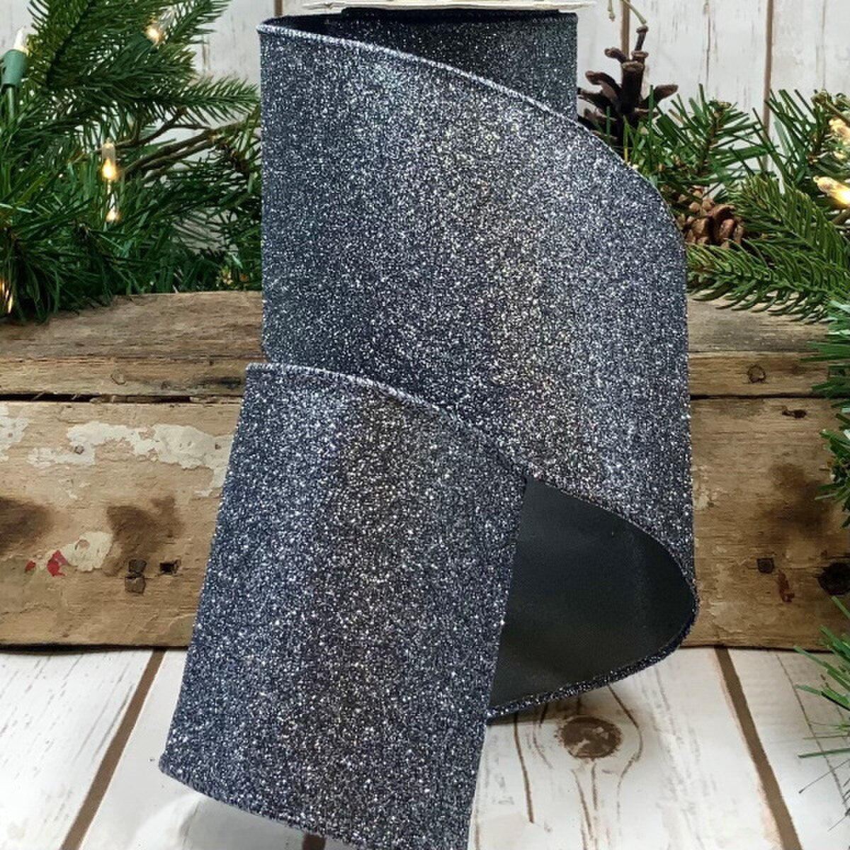 Glitter Steel Grey Ribbon 4 Inch x 10 Yards
