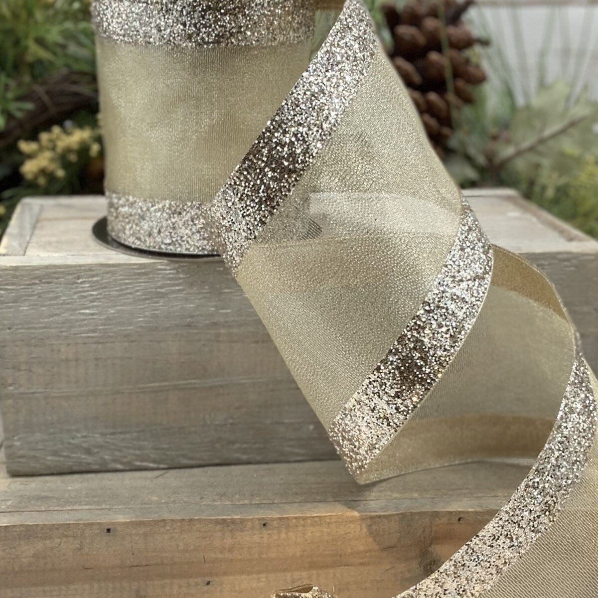Platinum Glitter Edge Mesh Ribbon 4 Inch x 10 Yards