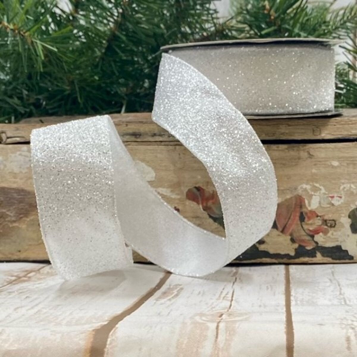White Satin Frosted Glitter Ribbon 1.5 Inch x 10 Yards