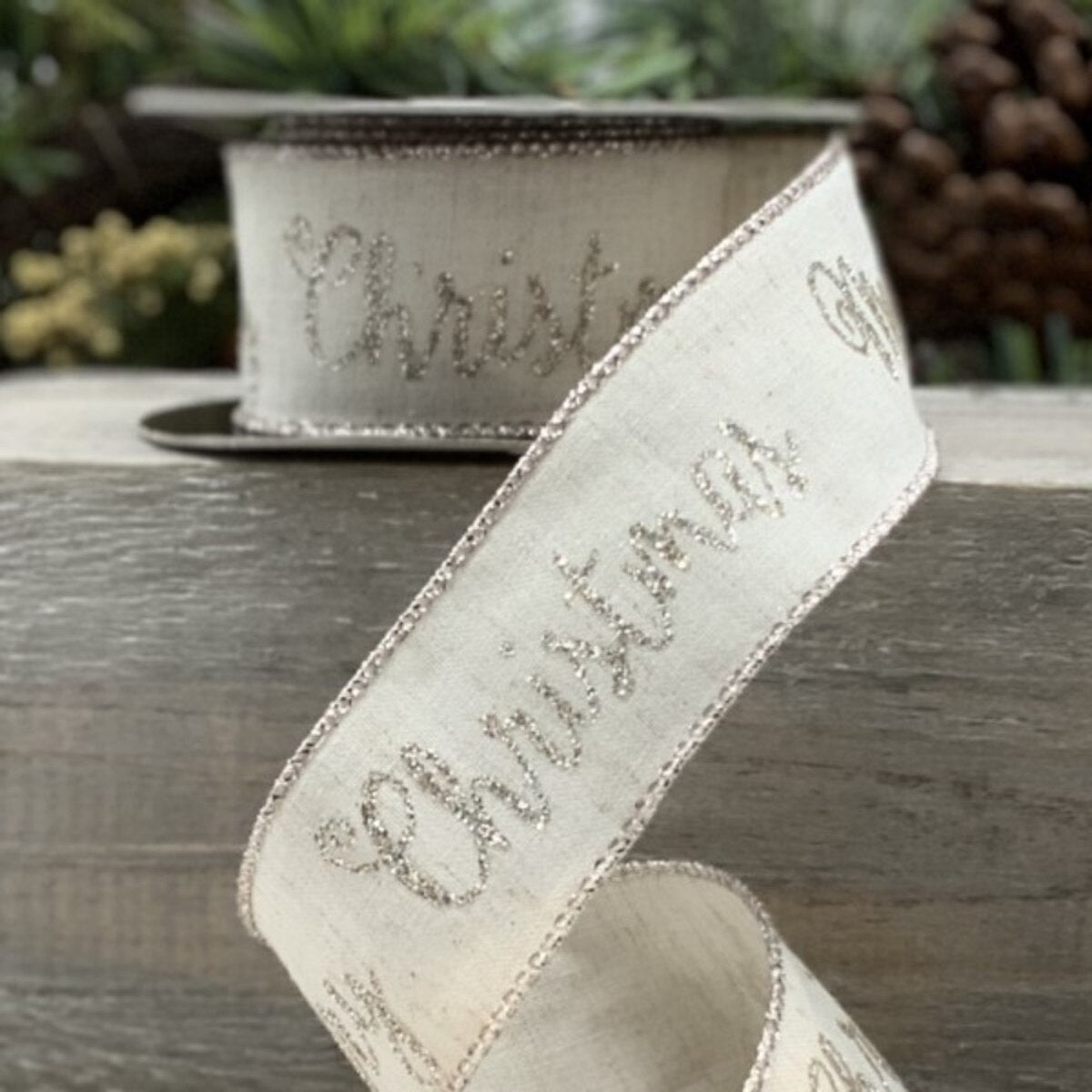 Merry Christmas Natural Ivory Cotton Linen Ribbon 1.5" x 10 Yds
