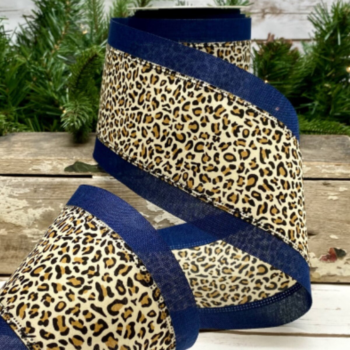 Navy Linen Leopard Ribbon 4 Inch x 10 Yards