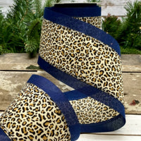 Navy Linen Leopard Ribbon 4 Inch x 10 Yards