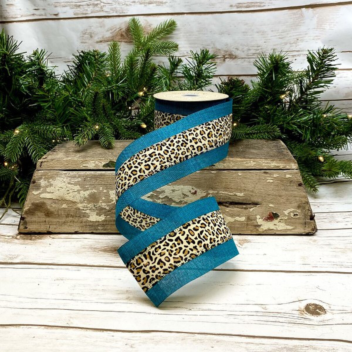 Linen Leopard Ribbon Teal 2.5" x 10 Yds