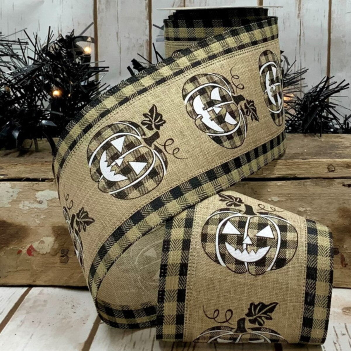 Linen Ribbon Jack-O'-Lantern Check Edge 4" x 10 Yds
