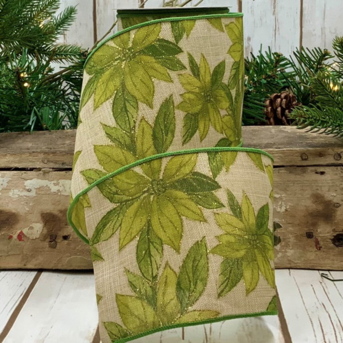 Poinsettia Natural Ribbon Linen Green 4 Inch x 10 Yards