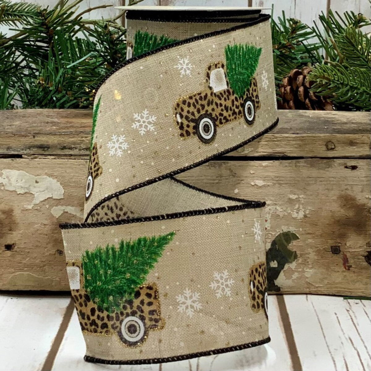 Linen Ribbon 2.5 Inch Leopard Truck Natural 10 Yds