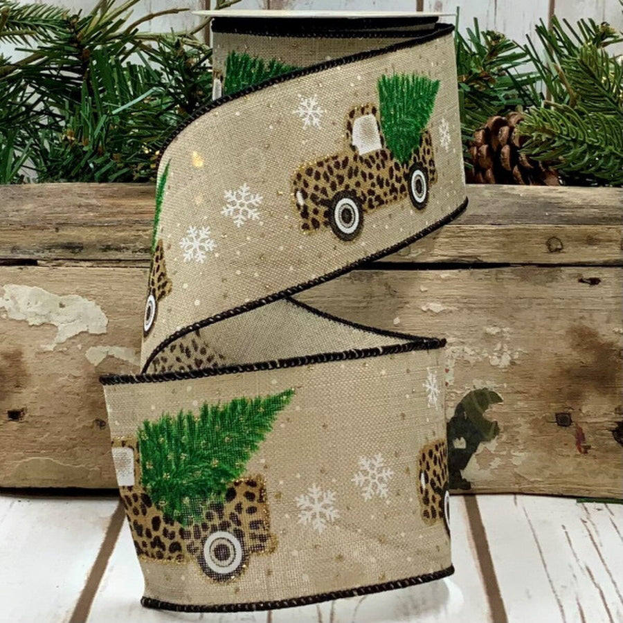 Linen Ribbon 2.5 Inch Leopard Truck Natural 10 Yds
