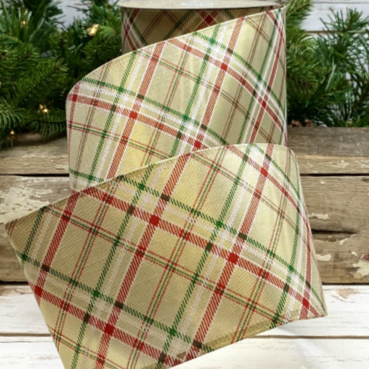 Plaid Ribbon Gold Red Green 4 Inch x 25 Yards