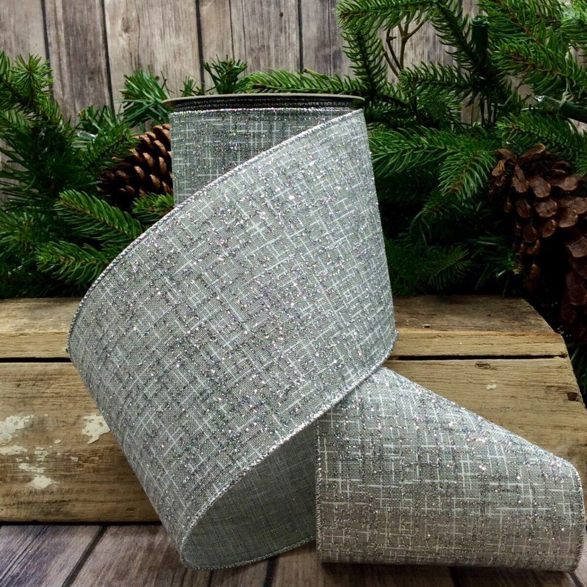 Silver Glitter Linen Ribbon with Abstract Lines, 4" x 10 Yds