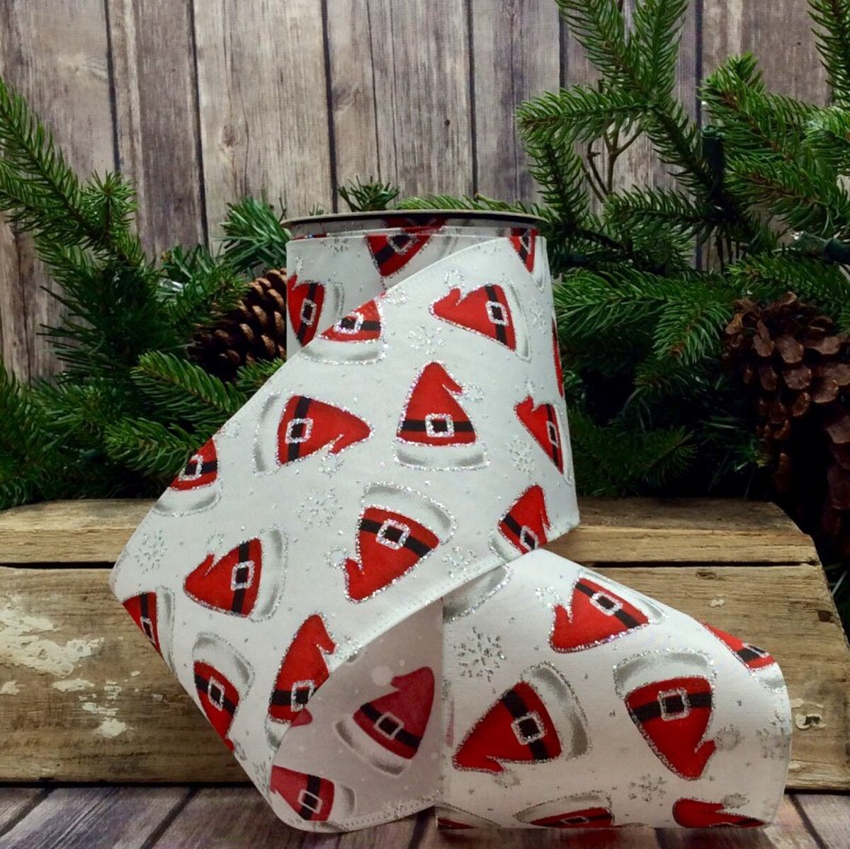 Red Santa Hat with Satin Silver Glitter and White Ribbon