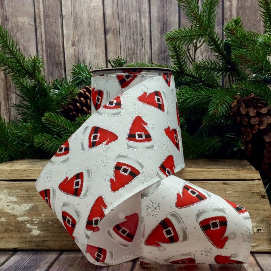 Red Santa Hat with Satin Silver Glitter and White Ribbon