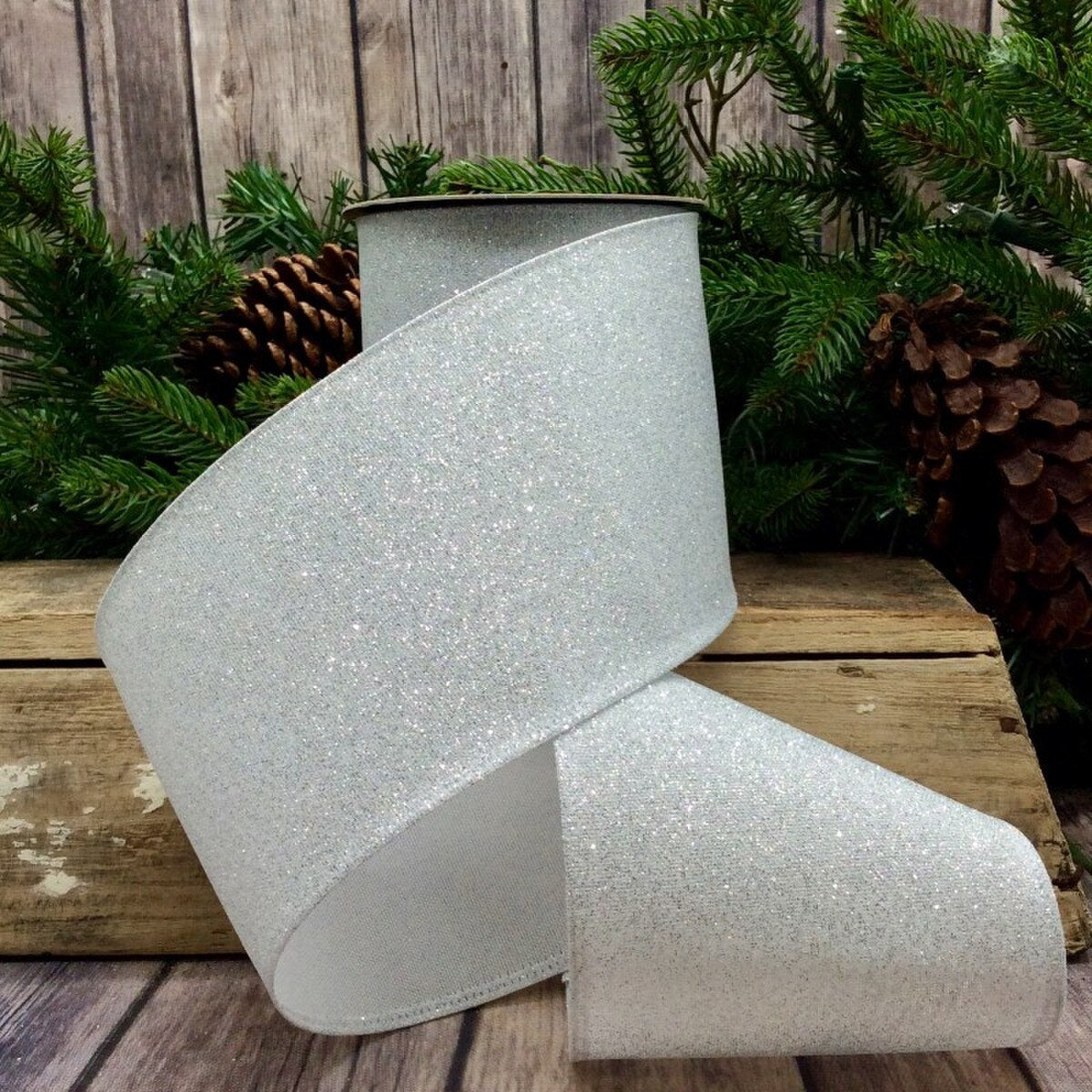 Silver Glitter White Linen Ribbon 4 Inch x 10 Yards
