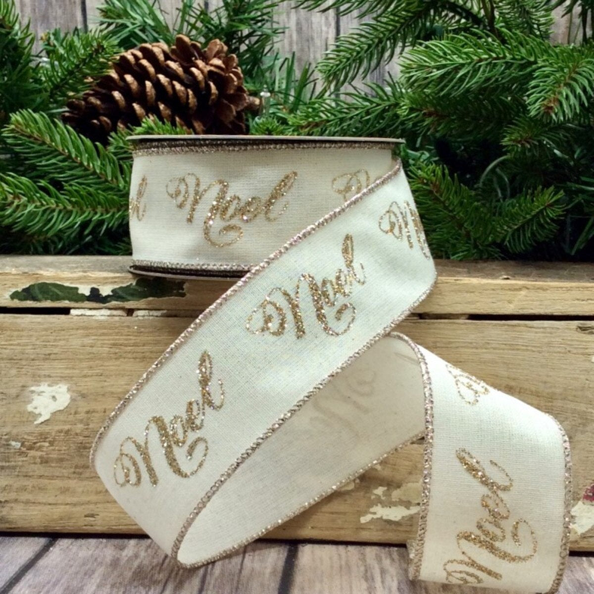 Ivory Cotton Linen Glitter Ribbon 1.5" x 10 Yds
