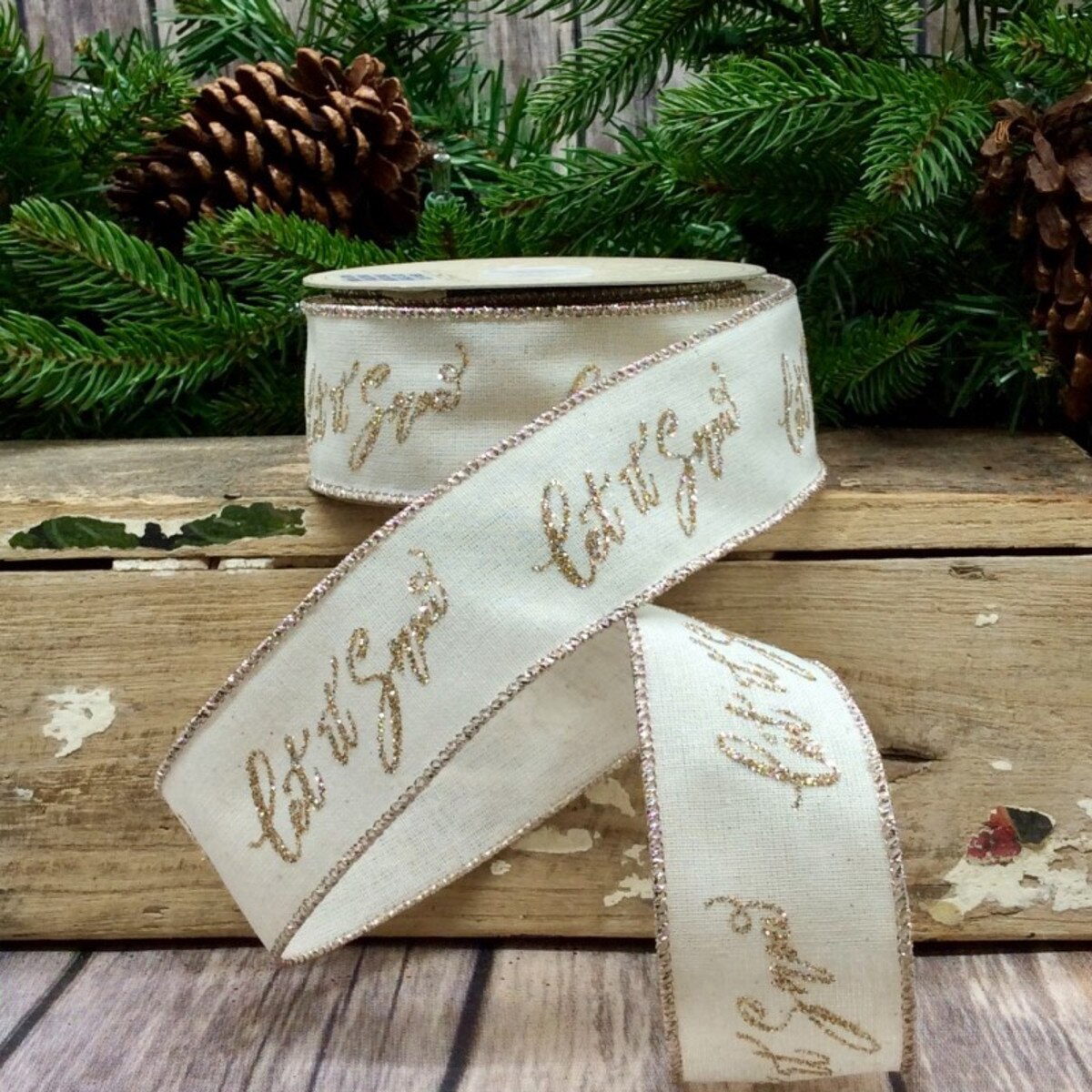 Ivory Glitter Let It Snow Cotton Linen Ribbon 1.5" x 10 Yds